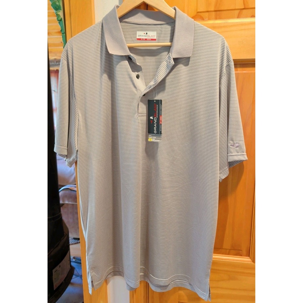 Grand Slam Performance Mens XL Gray White Striped Short Sleeve Golf Polo Shirt